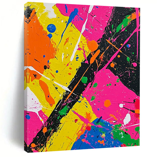 Vibrant contemporary abstract painting featuring bold neon colors and dynamic splashes in a Jackson Pollock-inspired style perfect for modern art collectors. DLZ0614