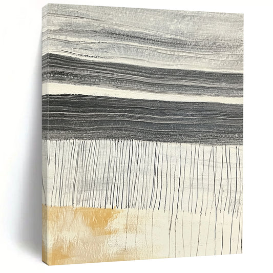 Contemporary abstract artwork showcasing textured stone slabs with dark gray horizontal ridges against a light gray background highlighting vibrant yellow chalk strokes. DLZ1224