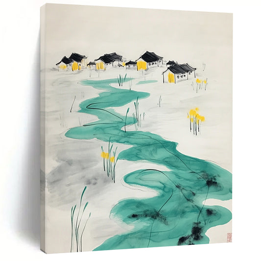 Contemporary hand-painted abstract art features turquoise ripples leading to village houses with yellow figures at an oasis surrounded by serene water lilies. DLZ1565