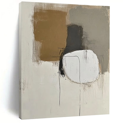 Contemporary hand-painted abstract artwork featuring minimalist design in neutral whites and grays with brown accents showcasing thin lines and simple shapes. DLZ0425