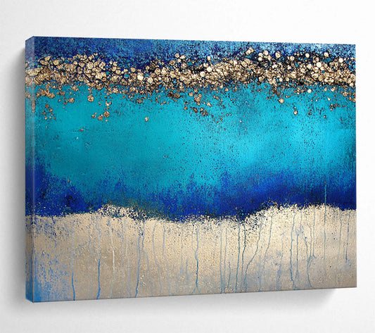 “Blue and Gold Sparkle” - Rich Blues, Shimmering Golds, Textured Abstract Layers - Mixed - Media Painting HB1753