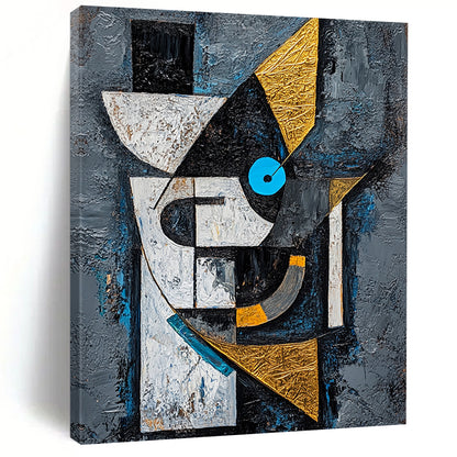 Gray, Black, White, Gold and Blue Cubist - Inspired "Abstract Portrait" Painting On Canvas HB319