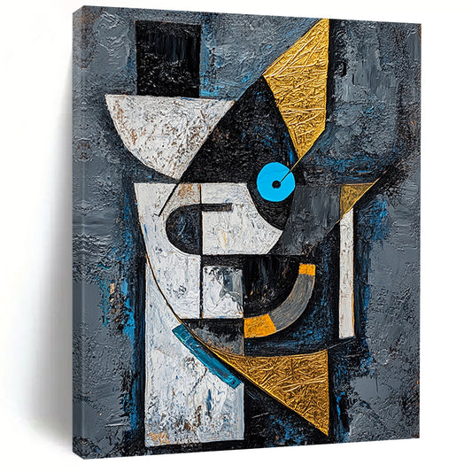 Gray, Black, White, Gold and Blue Cubist - Inspired "Abstract Portrait" Painting On Canvas HB319