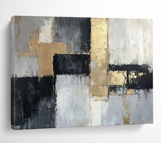“Gold Accents on Gray Abstract” - Gray, white, black, gold; Abstract with geometric shapes and gold accents; Acrylic Painting On Canvas HB1268