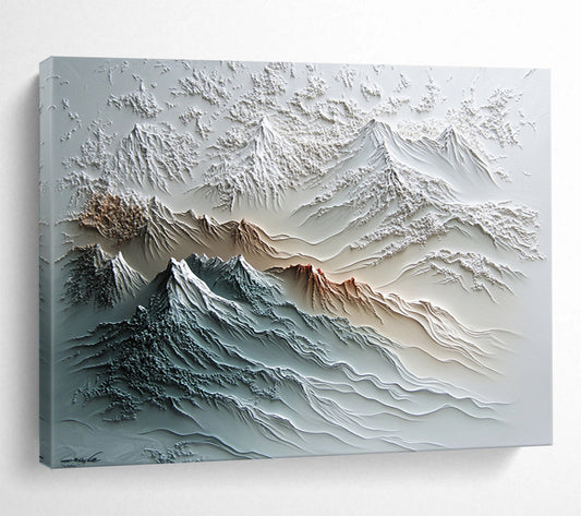 White, Gray, Brown and Blue Textured Mountain "Sculpted Peaks" Painting On Canvas HB0667