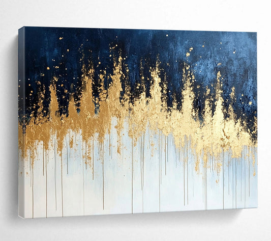 “Gold Drip on Blue - Gray Abstract” - Gold, Blue, Gray, White, Dripping Textures Painting On Canvas HB0825