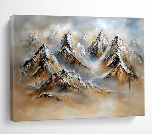 “Textured Mountain Landscape” - Snowy peaks, earthy tones, misty background, Textural Landscape Painting On Canvas HB0602