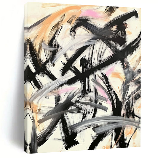 Contemporary hand-painted abstract art featuring Chinese calligraphy black brush strokes with gold and pink accents for a dynamic expression. DLZ1563