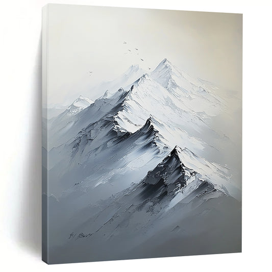 Contemporary hand-painted abstract artwork featuring a large snow-capped mountain range in white and gray tones with rich textures and strong light contrast. DLZ1290