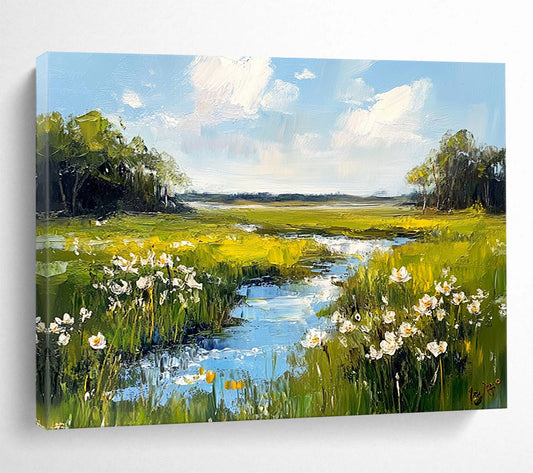 Green Meadow with Stream and White Flowers - Impressionistic Landscape Painting On Canvas HB0446