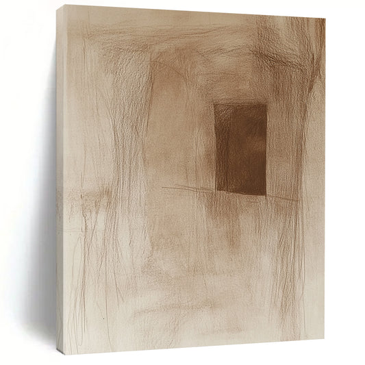 Contemporary abstract artwork features a rough pencil sketch of an ancient cave wall with a small window subtle sepia tones and simple lines. DLZ1452