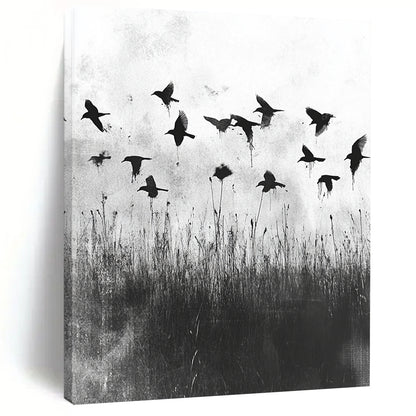 Black and White Birds in Field "Misty Flight" Painting On Canvas HB301