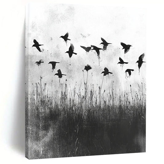 Black and White Birds in Field "Misty Flight" Painting On Canvas HB301