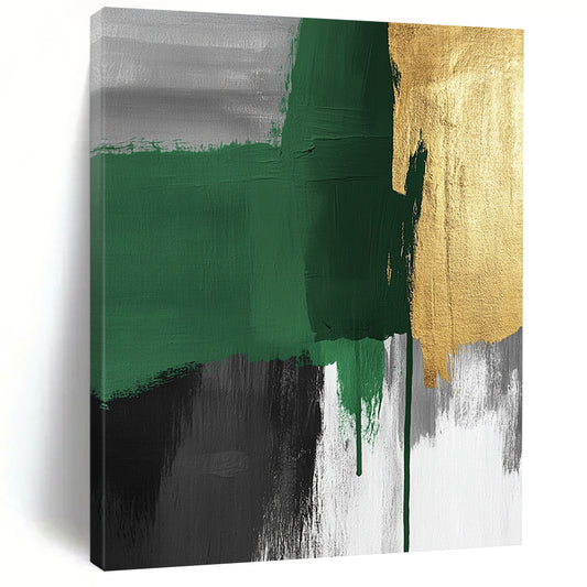 Contemporary hand-painted abstract art features green and grey brush strokes with gold accents and visible canvas texture, creating a striking surrealistic expressionist style. DLZ1626