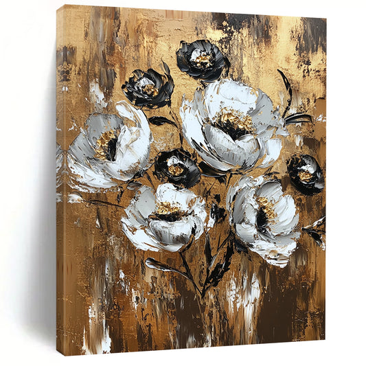 Contemporary hand-painted abstract art featuring a textured floral arrangement in white and gold on a brown canvas evokes vintage charm. DLZ1734