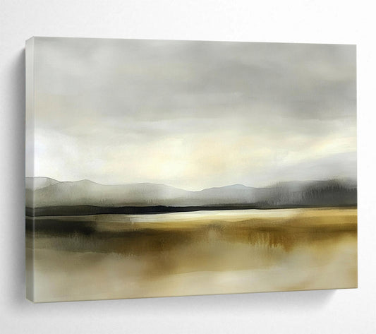 “Misty Mountain Lake” - Gray, Beige, Hazy Peaks and Reflective Water Painting On Canvas HB0927