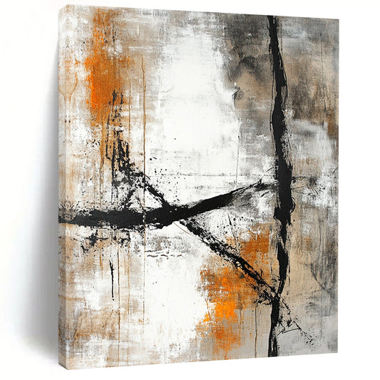 Contemporary hand-painted abstract art featuring a textured canvas with beige and white colors, accented by dark gray lines and light orange tones. DLZ0288
