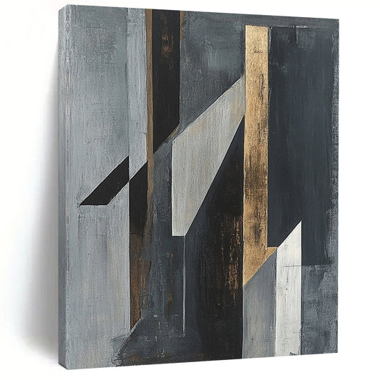 Gray, Black, White and Gold Geometric Abstraction "Dynamic Geometry" Painting On Canvas HB389
