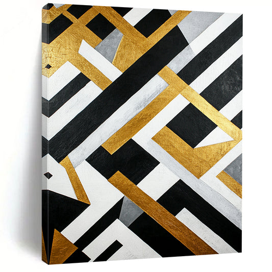 Black, White, Gold, Gray, Interlocking Shapes "Golden Grid" Abstract Modernist Painting On Canvas HB110