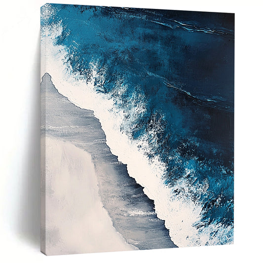 Contemporary abstract painting featuring oceanic waves in surreal blues and whites with textured details capturing nature's beauty in a hyper-realistic style. DLZ0846