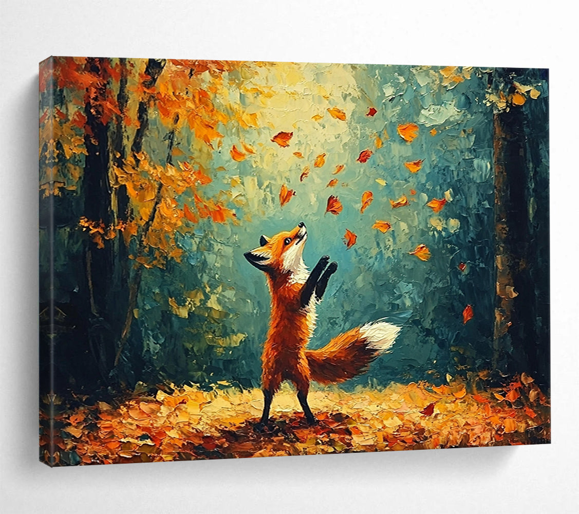 “Fox in Autumn Forest” - A fox playing with leaves in a colorful forest, Impressionist Animal Painting On Canvas HB0552