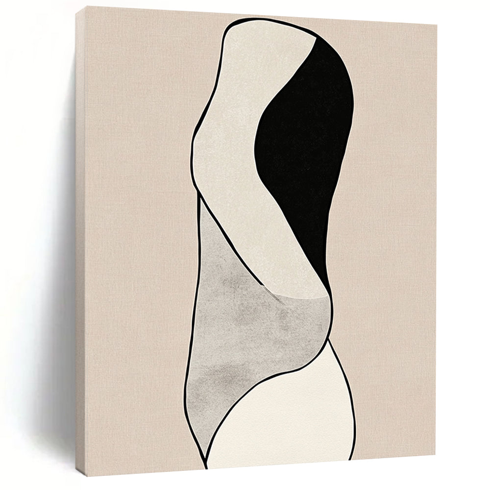 Contemporary hand-drawn abstract artwork featuring minimalist line art and woman's body curves against a black and white design on a beige background. DLZ1632