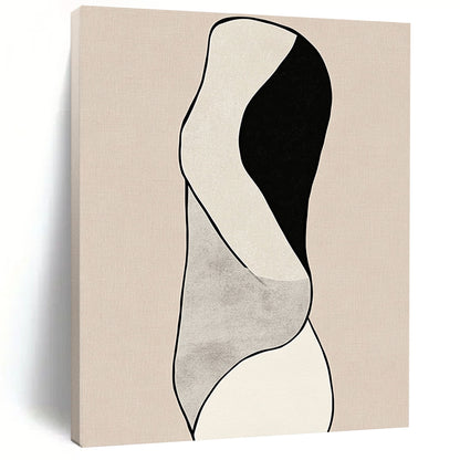 Contemporary hand-drawn abstract artwork featuring minimalist line art and woman's body curves against a black and white design on a beige background. DLZ1632