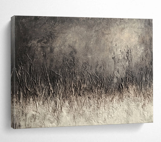 “Textured Gray Field” - Dark gray texture, grass - like forms, Textural Abstract Painting On Canvas HB0557
