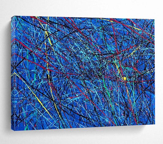 “Blue Abstract with Colorful Tangled Lines” - Blue, Red, Yellow, Green, Tangled Lines Painting On Canvas HB0829