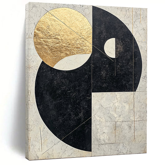 Black, White, Gray, Gold, Overlapping Circles "Gilded Orb Harmony" Abstract Modernist Painting On Canvas HB123