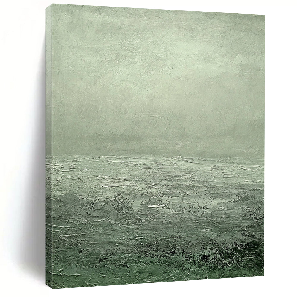 Contemporary hand-painted abstract art featuring a serene gray-green sea with ripples and soft clouds creating a tranquil atmosphere. DLZ1276