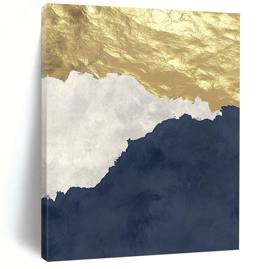 Contemporary abstract artwork features gold and navy tones on a white background with calming waves and dark grey gradient effects with golden foil accents. DLZ0268