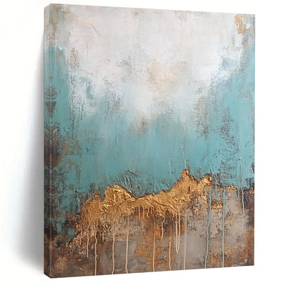 Contemporary hand-painted abstract art featuring an old textured wall with peeling teal and brown paint contrasted by a clean white top with golden drips. DLZ0905