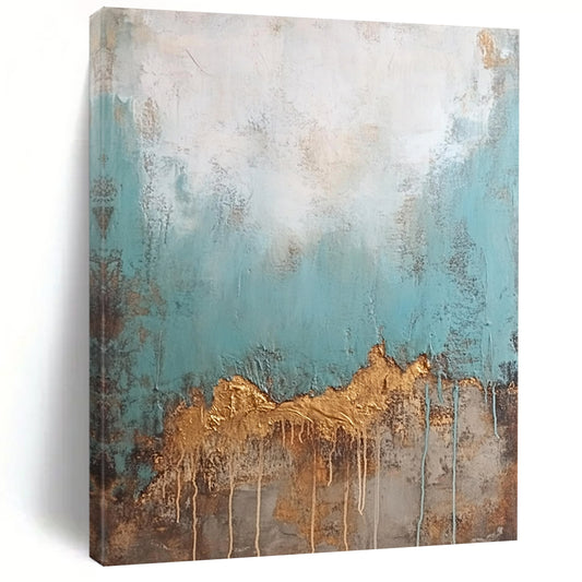 Contemporary hand-painted abstract art featuring an old textured wall with peeling teal and brown paint contrasted by a clean white top with golden drips. DLZ0905