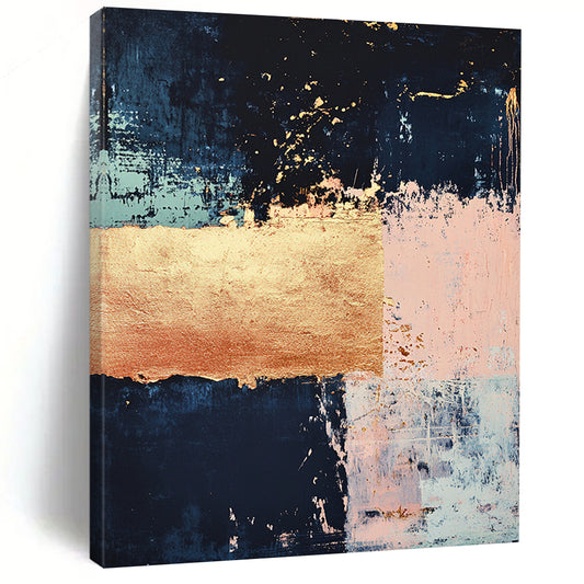 Dark Blue, Light Blue, Pink, Gold, Geometric Blocks "Coastal Opulence" Abstract Painting On Canvas HB031