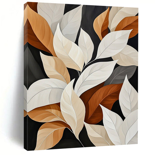 Contemporary abstract painting featuring white and beige leaves with brown edges on dark backgrounds showcasing varied sizes shapes and angles in a muted color palette. DLZ1425