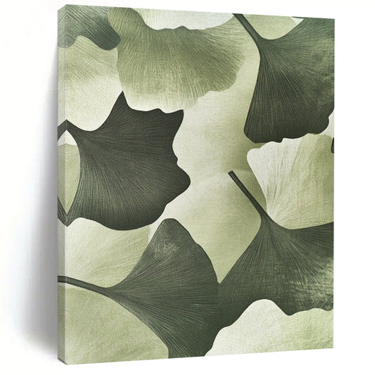 Contemporary hand-painted abstract art featuring textured ginkgo leaves in a soft green background adds depth and elegance to your outfit. DLZ1202