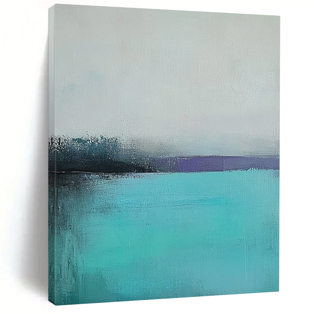Large contemporary hand-painted abstract artwork captures a tranquil turquoise sea with a misty gray sky using muted colors and soft brush strokes for emotional depth. DLZ0428