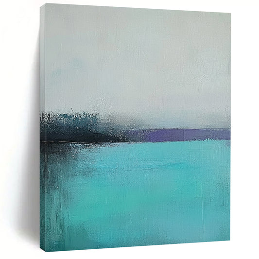 Large contemporary hand-painted abstract artwork captures a tranquil turquoise sea with a misty gray sky using muted colors and soft brush strokes for emotional depth. DLZ0428
