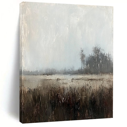 Large contemporary abstract painting featuring muted tones of gray sky and distant trees creating a misty grassland scene with soft lighting and brushstrokes. DLZ0409