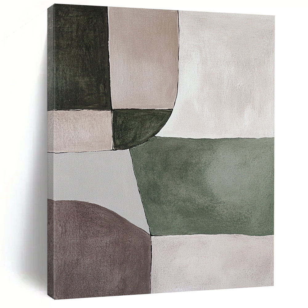 Contemporary abstract painting featuring serene green and grey shapes on a soothing beige background, perfect for minimalistic decor. DLZ0881