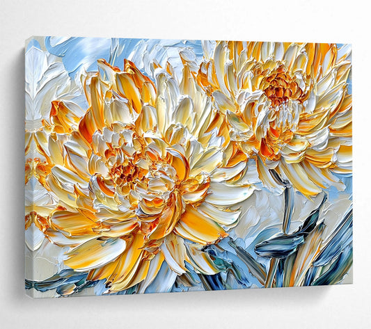 Yellow, White, Orange and Blue Textured Flower "Sunny Petals" Painting On Canvas HB0657