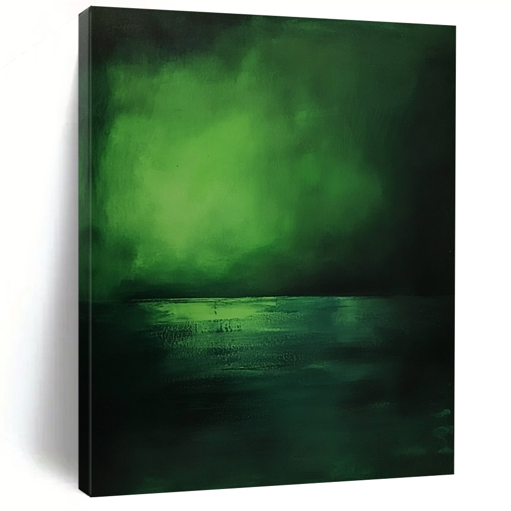 Contemporary hand-painted abstract artwork capturing serene deep greens and blues of the sea, evoking tranquility and minimalist beauty. DLZ1243
