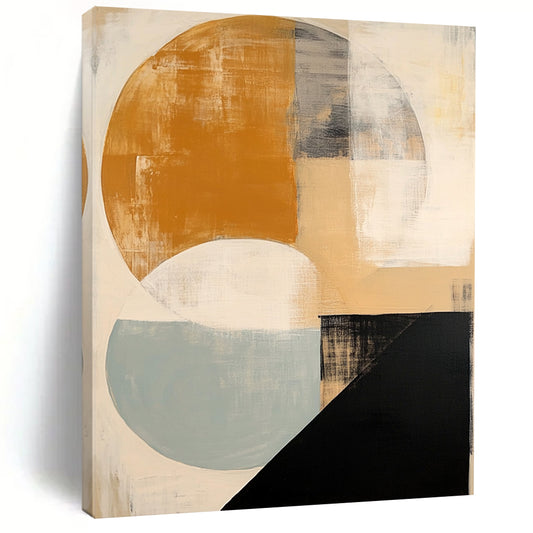 Contemporary hand-painted abstract artwork featuring soft beige black and white shapes a vibrant orange circle and subtle blue and grey accents. DLZ1038