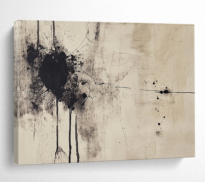 “Ink - Splatter Abstract” - Black, Beige with Spattered Ink - Painting On Canvas HB1387