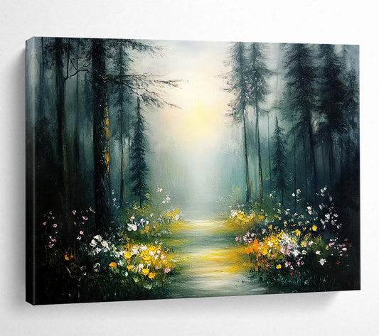 “Enchanted Forest Trail” - Vibrant Yellows, Pinks, Greens, Flower - Lined Forest Path - Whimsical Oil Painting HB1691