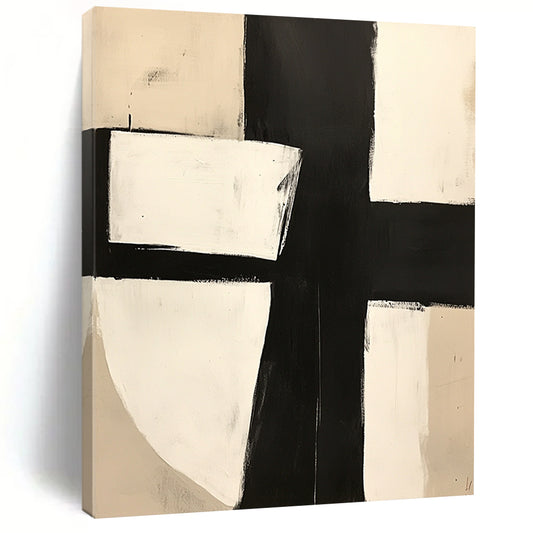 Contemporary hand-painted abstract art featuring bold black and white blocks minimalistic design with a central square and X motif. DLZ0508