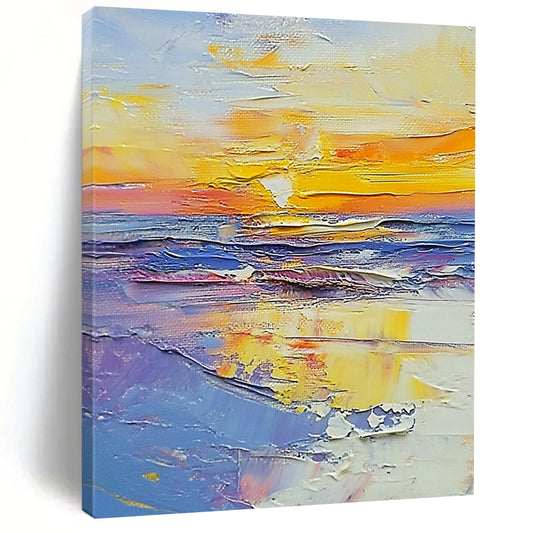 Contemporary large abstract painting showcasing vibrant sunset beach colors in white, blue, yellow, purple, light orange, and pink with palette knife technique. DLZ0647