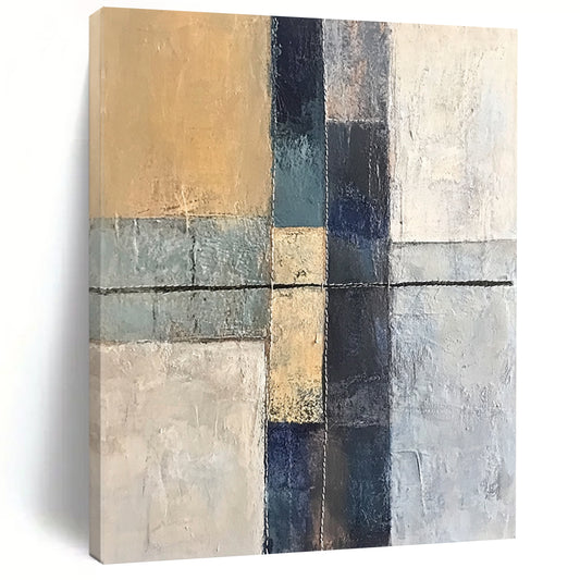 Contemporary abstract artwork featuring an ancient cross textured canvas with hand stitching in grey blue and beige tones minimalistic design. DLZ0945