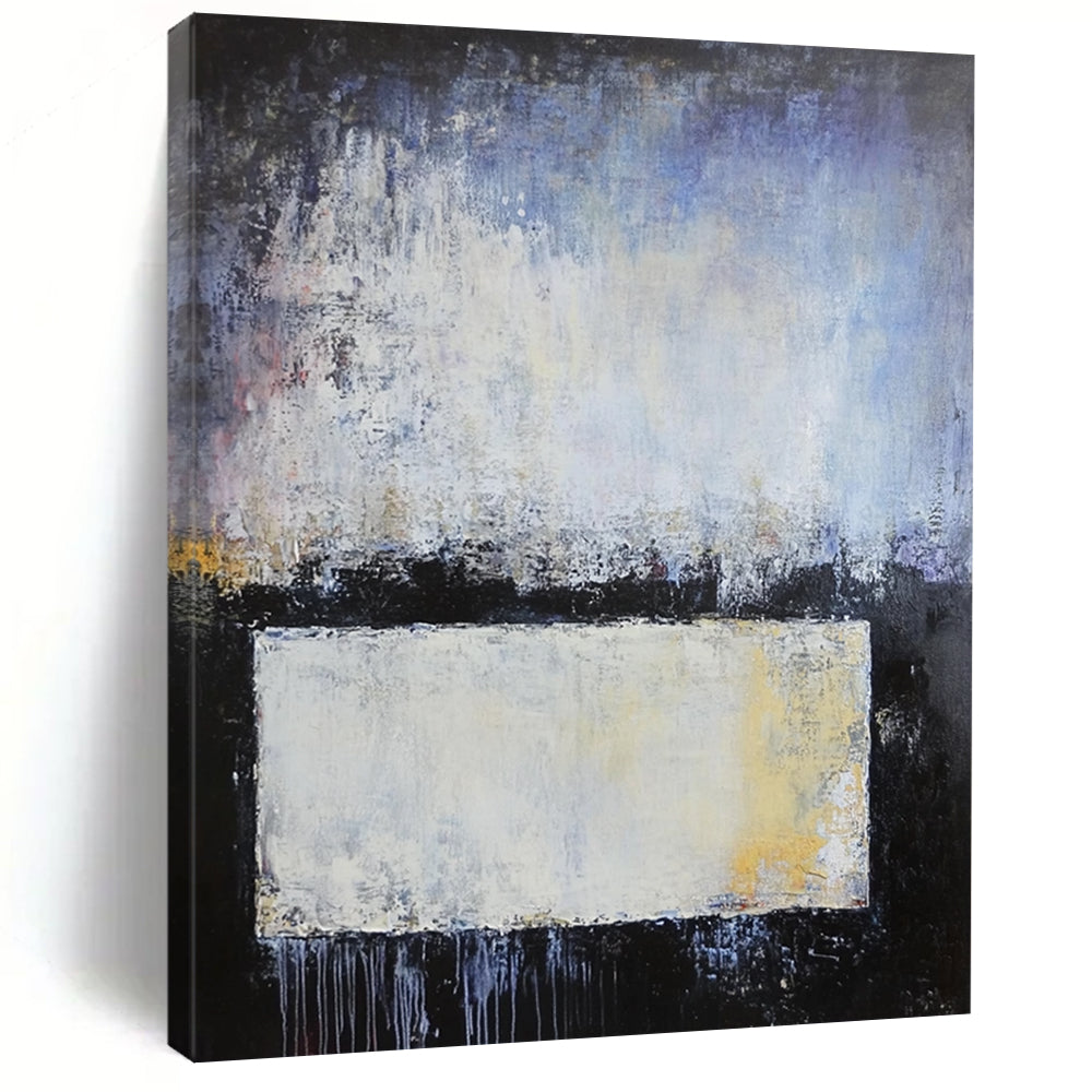 Contemporary hand-painted abstract artwork with blue gray and white layers soft edges textured metal elements evokes calmness and contemplation. DLZ0752